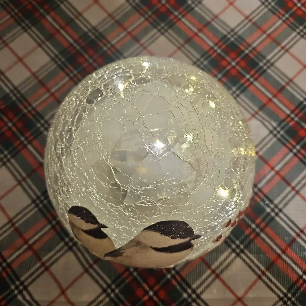 Crackle Glass Decorative Birds & Berries LED Lighted Holiday Globe Decor